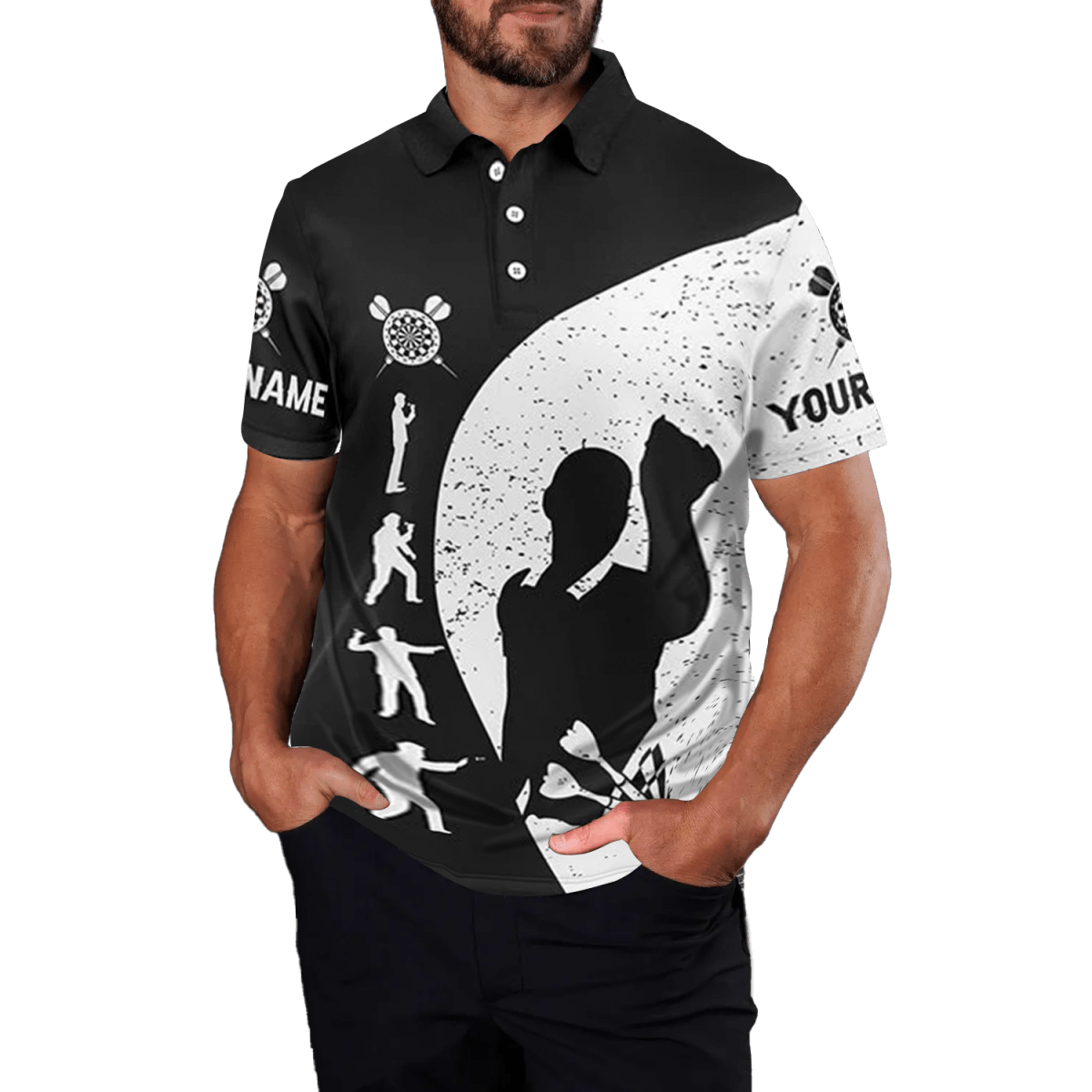 Herren Darts Polo Shirt in Schwarz - Weiß, Grunge - Stil T528 - Outfitsuche