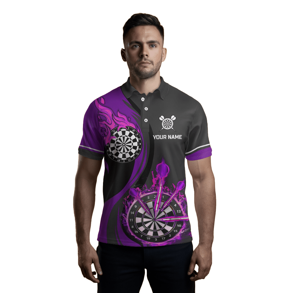 Herren Darts Polo Shirt Lila Feuer Flamme | Dart Trikot | Schwarz L1477 - Outfitsuche