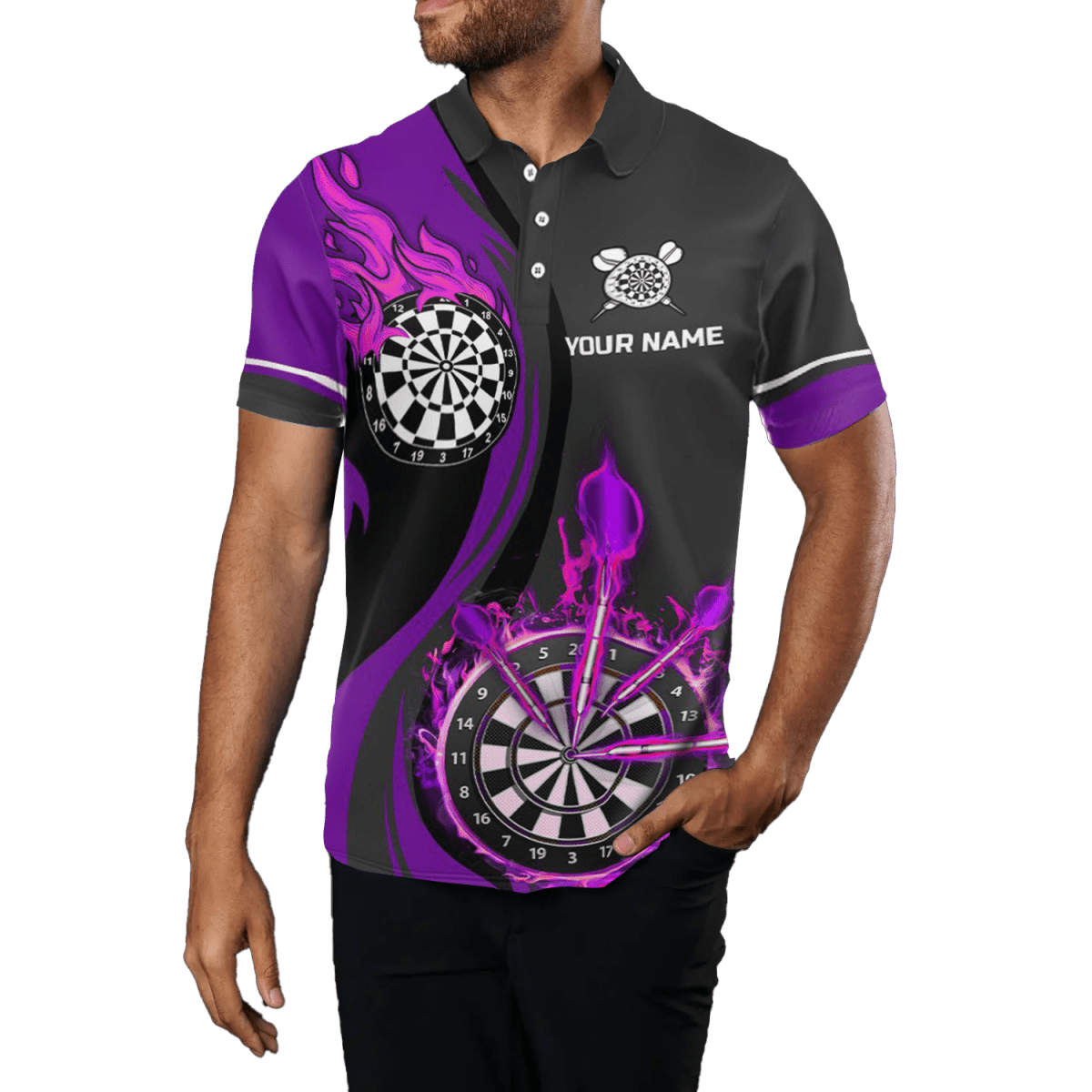 Herren Darts Polo Shirt Lila Feuer Flamme | Dart Trikot | Schwarz L1477 - Outfitsuche