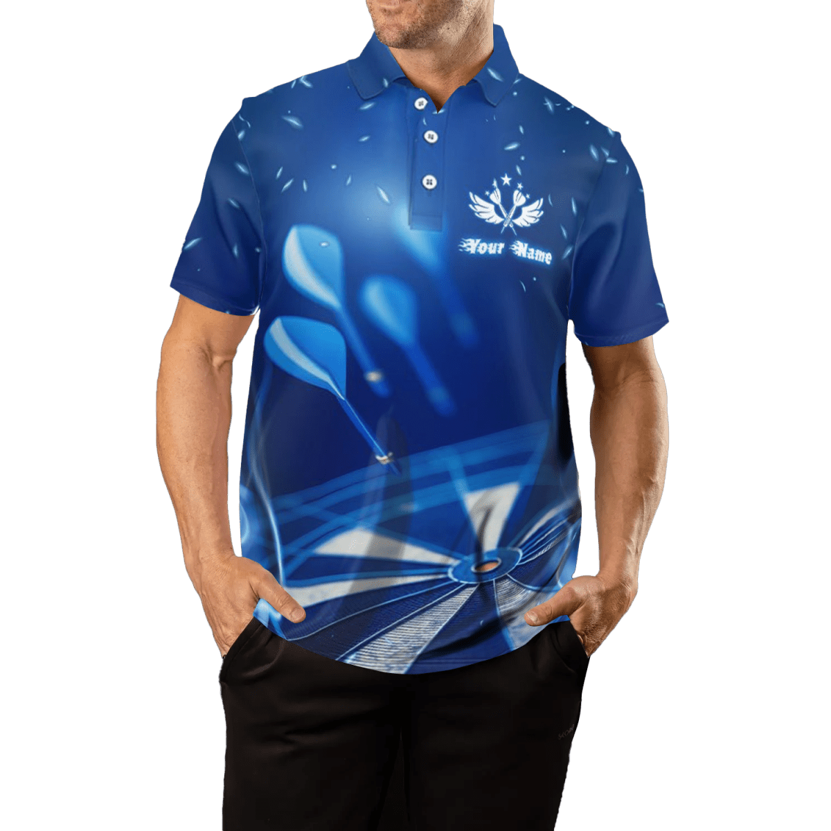 Herren Darts Polo Shirt mit blauer Feuerflamme und Stern - cooles Darttrikot V481 - Outfitsuche