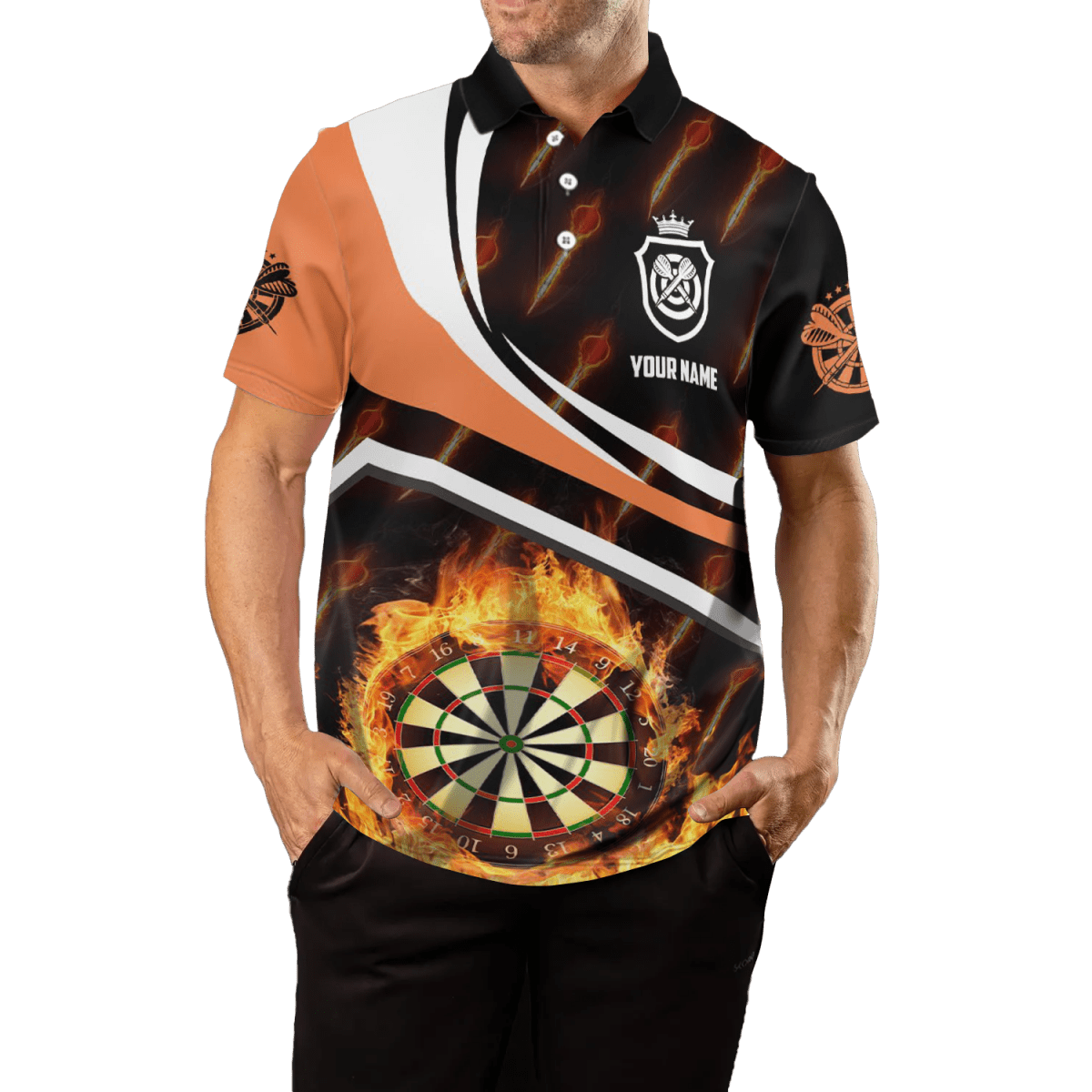 Herren Darts Polo Shirt mit orangenem Feuerflammen - Motiv, Darts Trikot Z875 - Outfitsuche