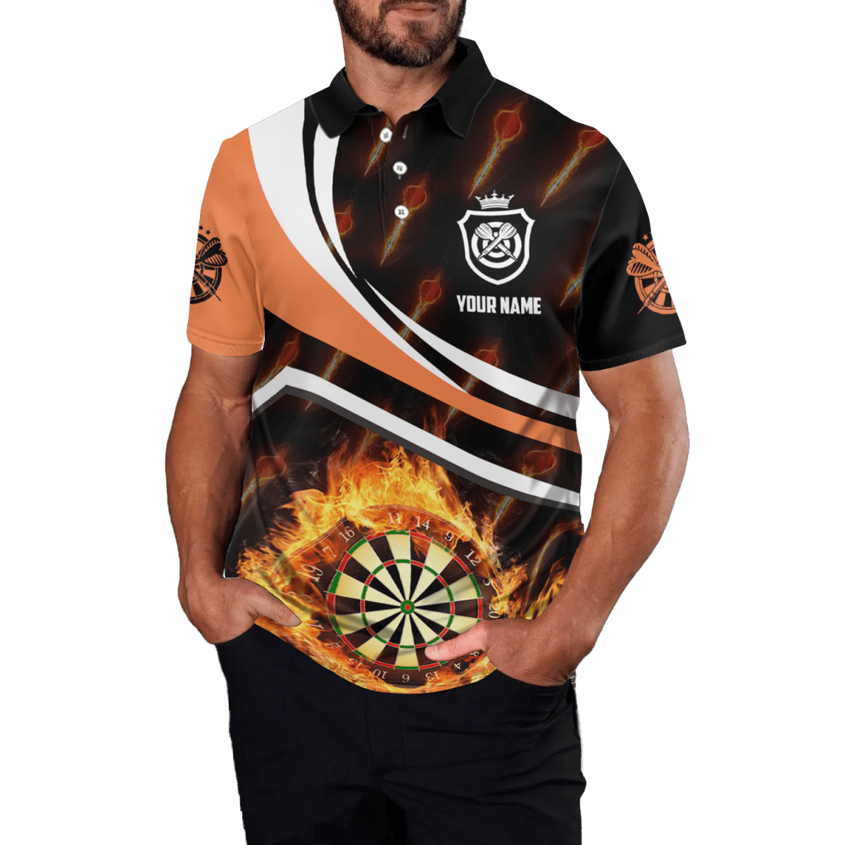 Herren Darts Polo Shirt mit orangenem Feuerflammen - Motiv, Darts Trikot Z875 - Outfitsuche