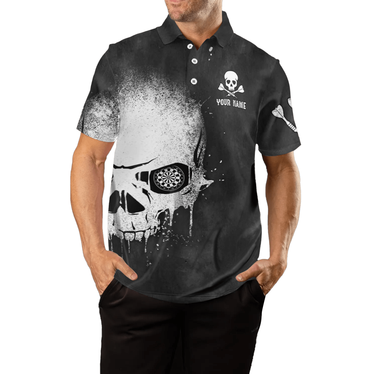 Herren Darts Polo Shirt mit Rauch Totenkopf - Motiv, schwarz - weiß, gruselig, Dart - Trikot S589 - Outfitsuche