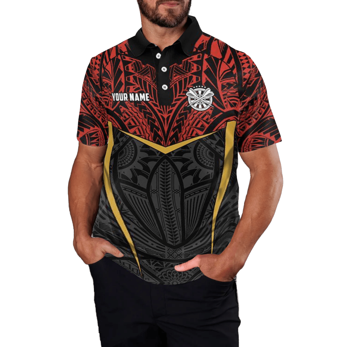 Herren Darts Polo Shirt mit rotem gelbem Tribal - Muster, Dart - Trikot Y94 - Outfitsuche