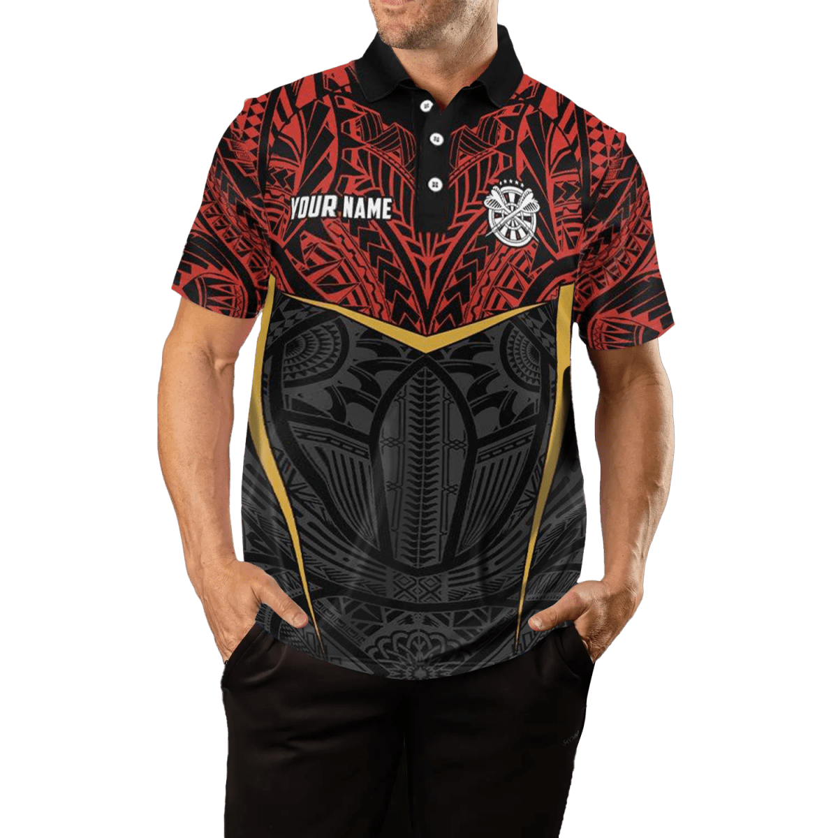 Herren Darts Polo Shirt mit rotem gelbem Tribal - Muster, Dart - Trikot Y94 - Outfitsuche