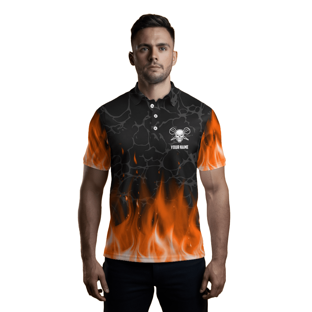 Herren Darts Polo Shirt | Orange Flammen Schädel | Gruseliges Dart Trikot L1421 - Outfitsuche