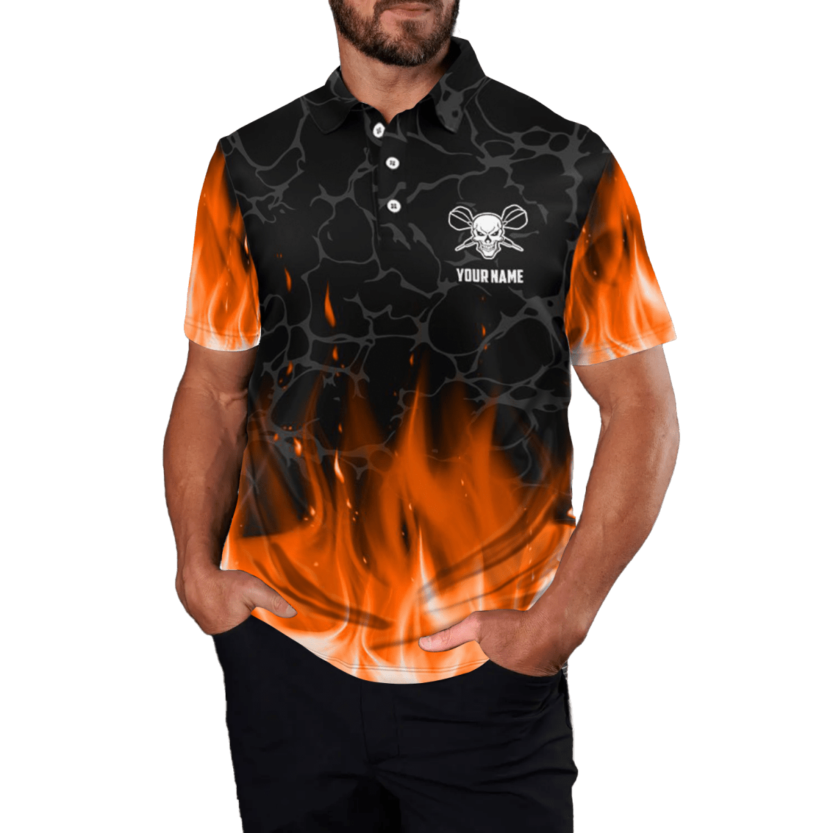 Herren Darts Polo Shirt | Orange Flammen Schädel | Gruseliges Dart Trikot L1421 - Outfitsuche