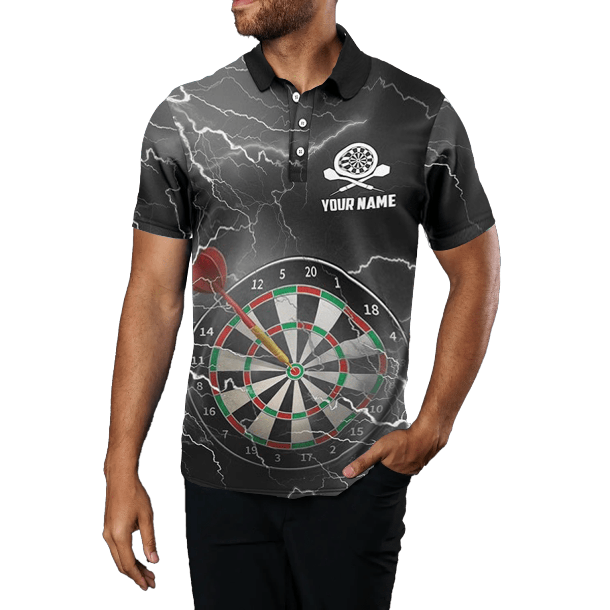 Herren Darts Polo Shirt, schwarz - grau mit Blitz und Donner, Darts - Trikot N47 - Outfitsuche