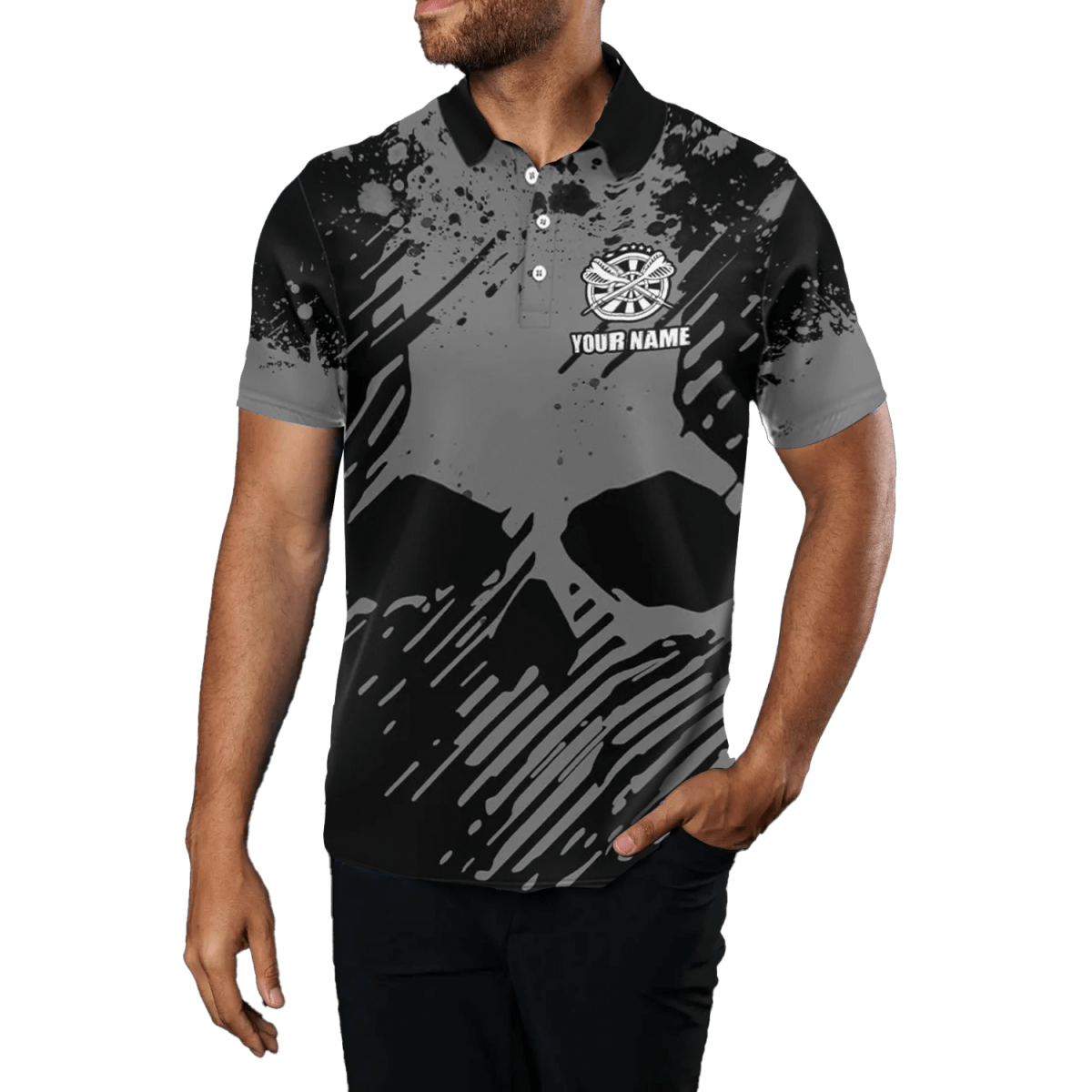 Herren Darts Polo Shirt Schwarz - Grau mit Grunge - Effekt R302 - Outfitsuche