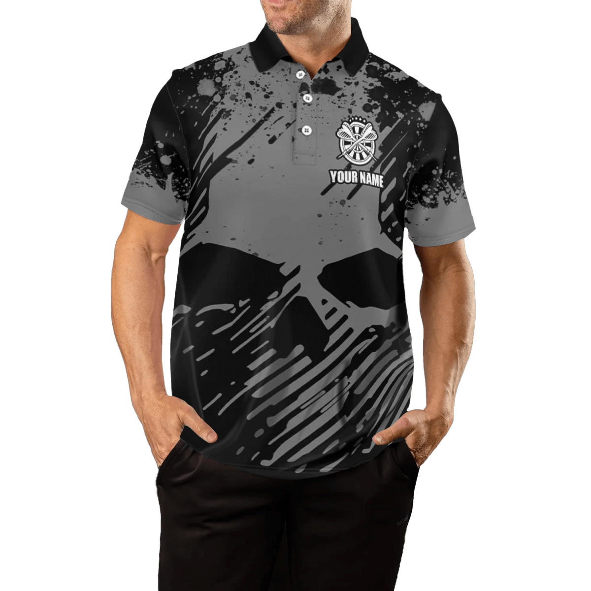 Herren Darts Polo Shirt Schwarz - Grau mit Grunge - Effekt R302 - Outfitsuche