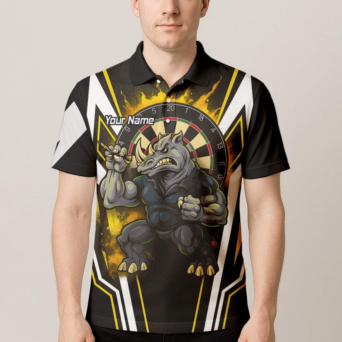 Herren Darts Polohemd – Aggressives Nashorn Design in Schwarz - Gold - Weiß (Individuell) U9140 - Outfitsuche