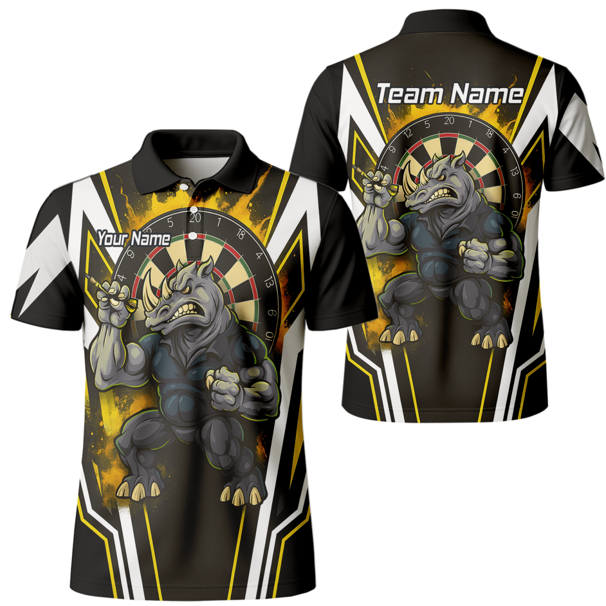 Herren Darts Polohemd – Aggressives Nashorn Design in Schwarz - Gold - Weiß (Individuell) U9140 - Outfitsuche