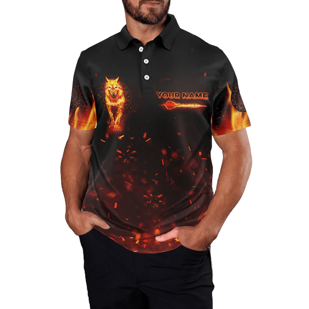 Herren Darts - Trikot Polo mit Feuer - Darts - Wolf - Motiv, Schwarz/Rot, Teamspieler H7790 - Outfitsuche