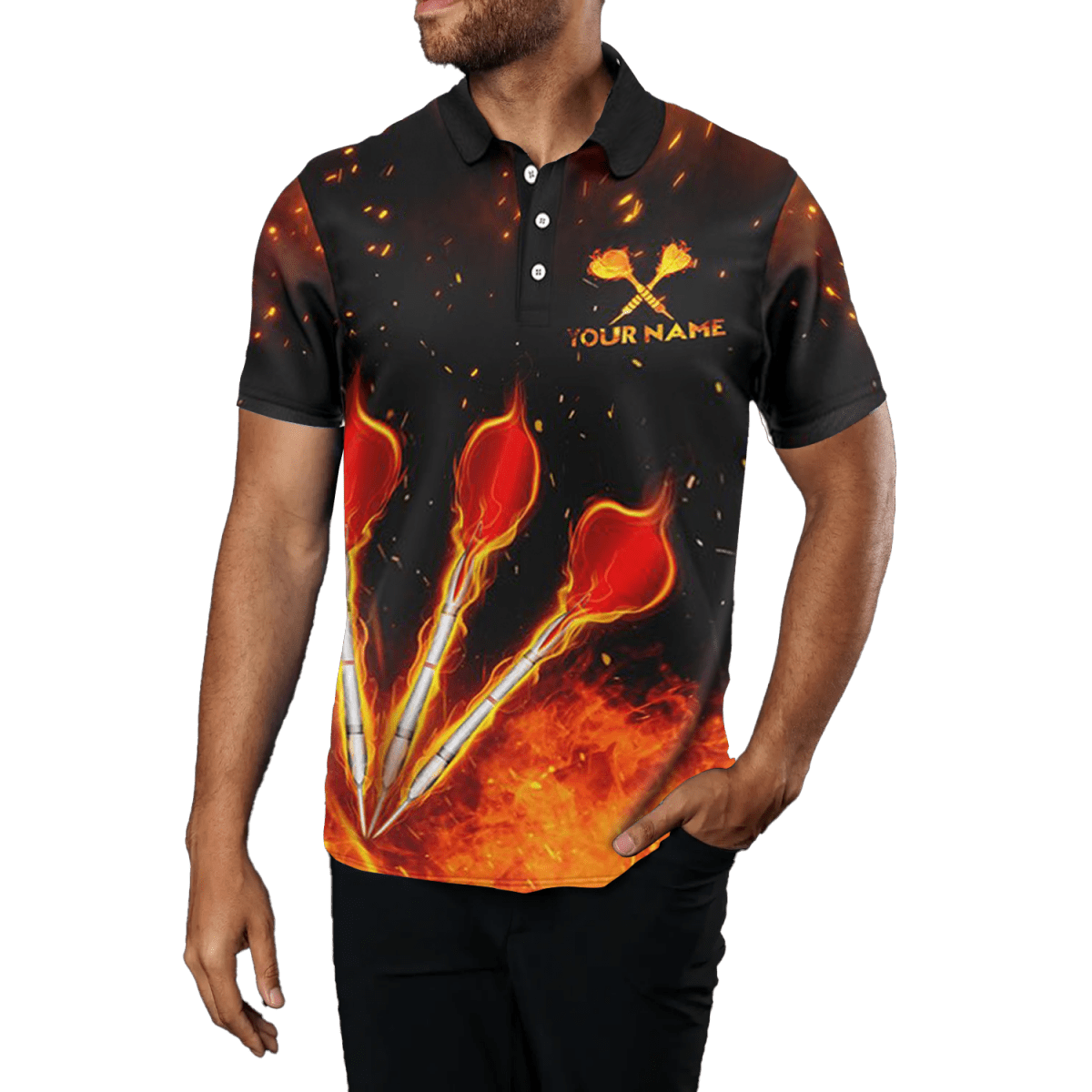 Herren - Dartspoloshirt in Orange mit Feuerflammen - Adler | Dartshirt | Darttrikot L1441 - Outfitsuche