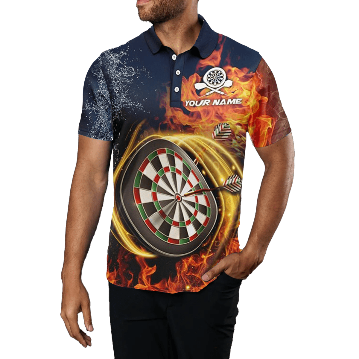 Herren Darttrikot Polo "Water & Fire" mit Namen, Blitz und Donner, für Männer P977 - Outfitsuche