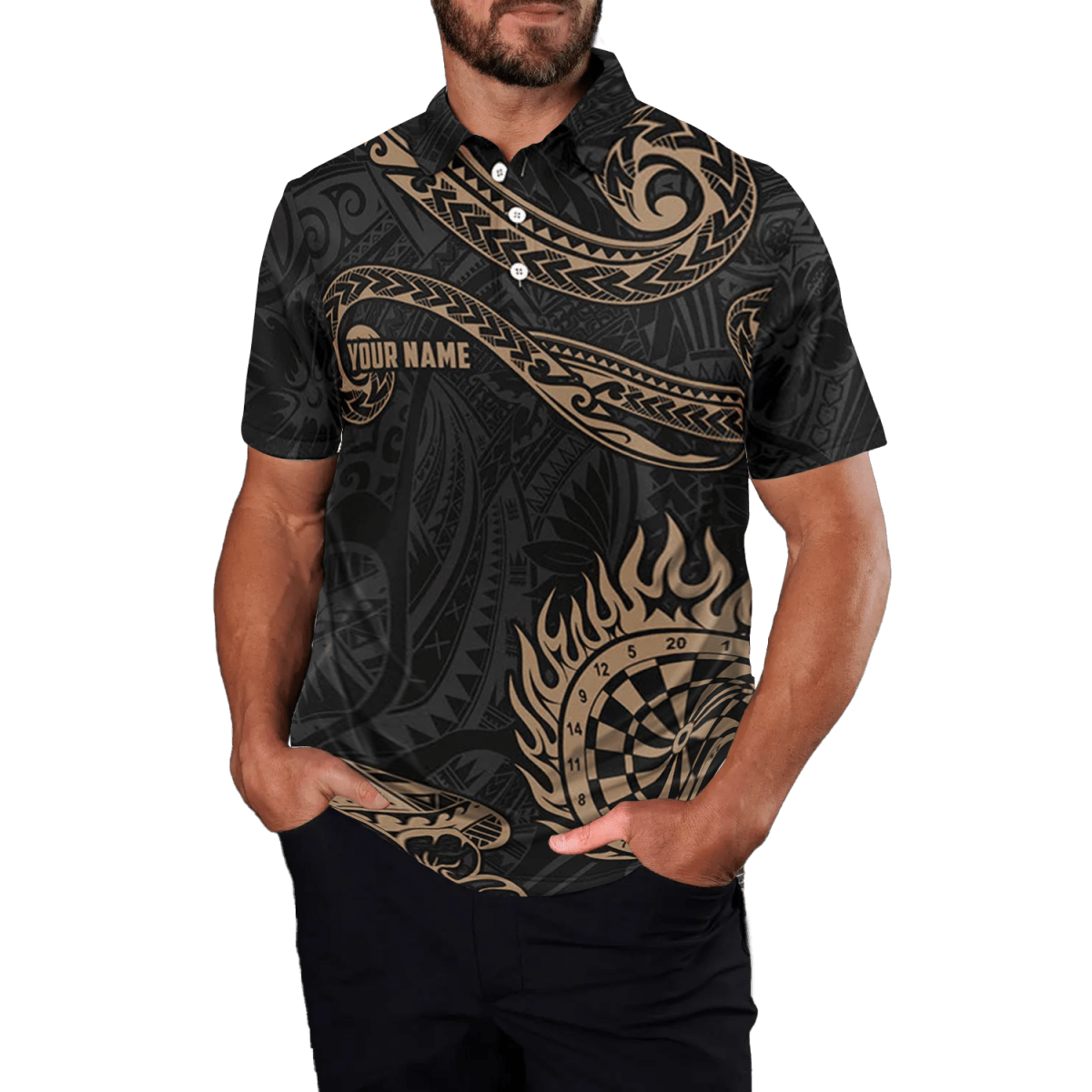 Herren Hawaiianisches Dart Polo Shirt, Goldene Tribal Flamme Y732 - Outfitsuche