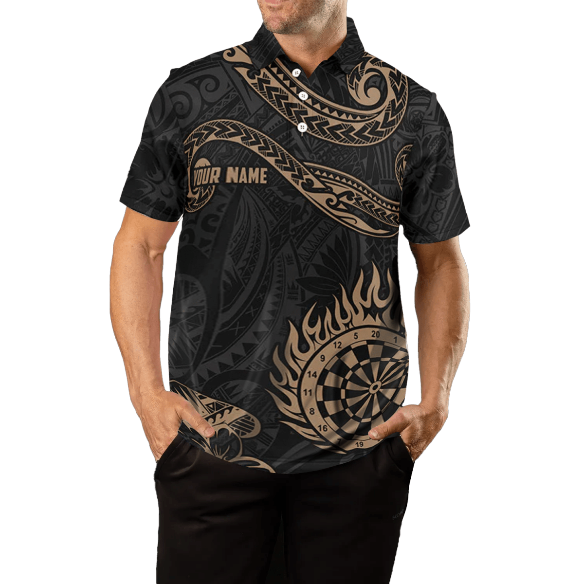 Herren Hawaiianisches Dart Polo Shirt, Goldene Tribal Flamme Y732 - Outfitsuche