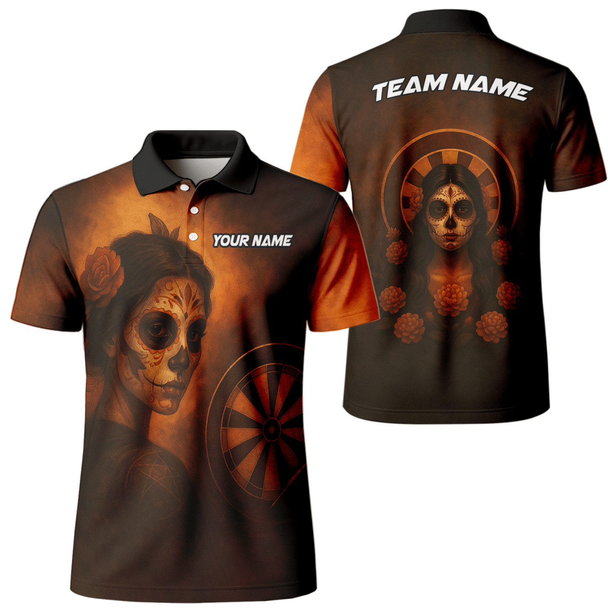 Herren Personalisiertes Poloshirt Tag der Toten Zuckerschädel Darts Braun - Orange K7534 - Outfitsuche