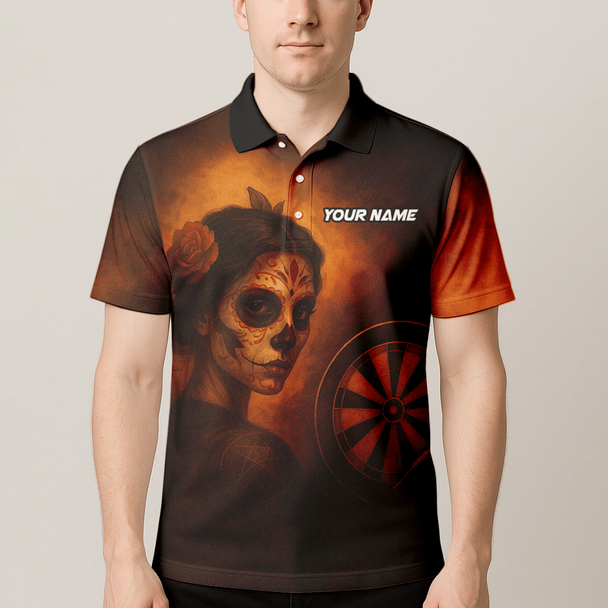 Herren Personalisiertes Poloshirt Tag der Toten Zuckerschädel Darts Braun - Orange K7534 - Outfitsuche