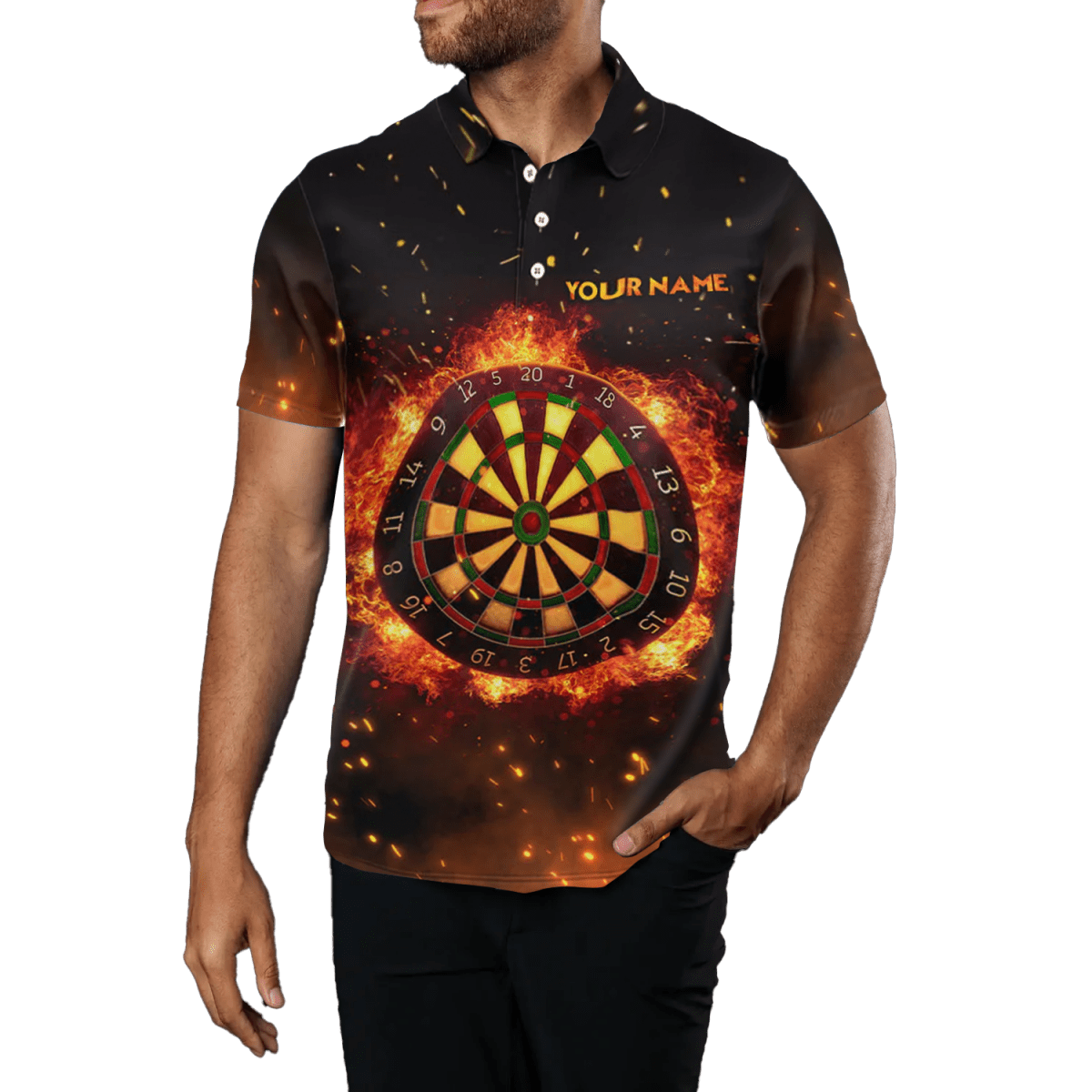 Herren Polo Dart - Trikot mit Flammen - Darts - Motiv und individuellem Namen C238 - Outfitsuche