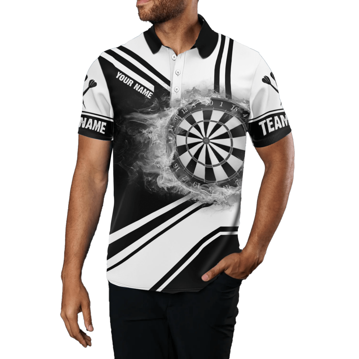 Herren Polo - Dartshirt mit Feuerflammen - Dartboard, schwarz - weißes Design H7289 - Outfitsuche