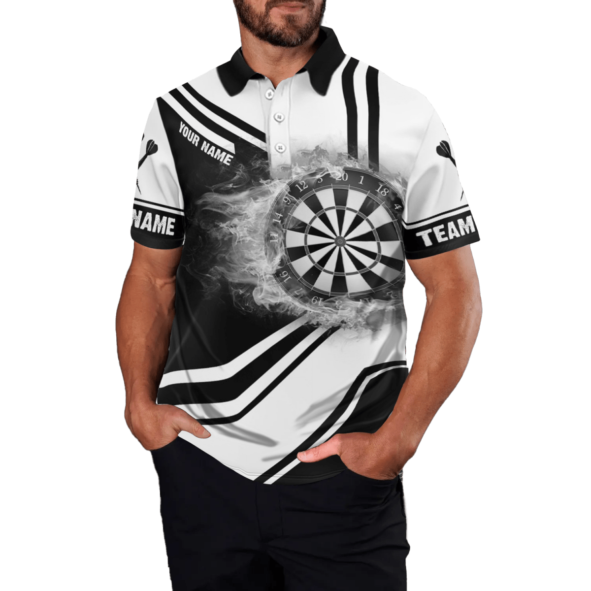 Herren Polo - Dartshirt mit Feuerflammen - Dartboard, schwarz - weißes Design H7289 - Outfitsuche