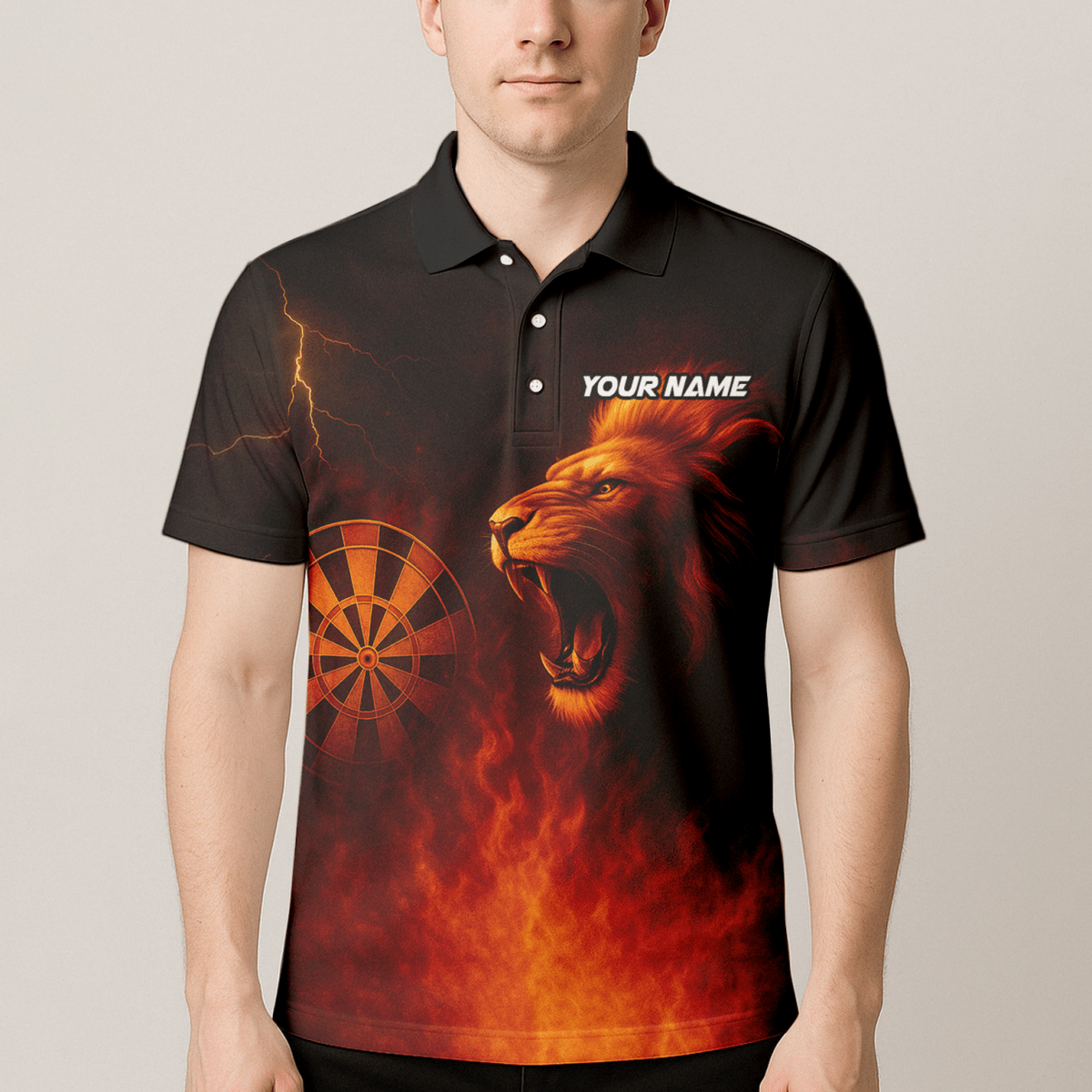 Herren Poloshirt Schwarz Orange mit Brüllendem Löwen und Feuerpfeilen Motiv T4859 - Outfitsuche