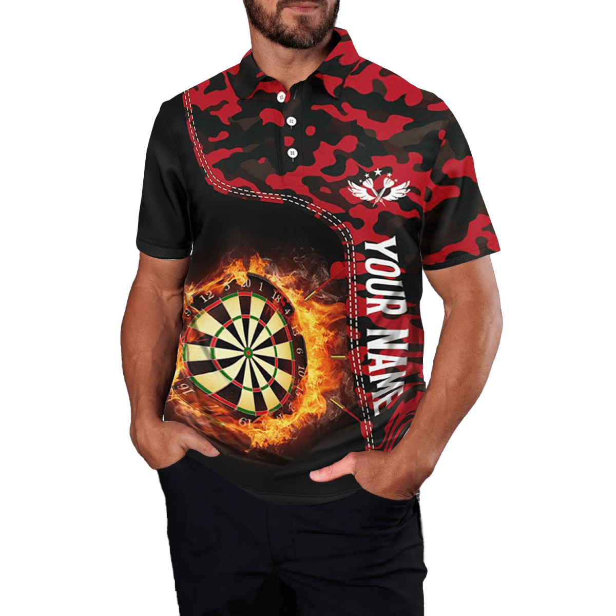 Herren Rot Camo Flame Darts Polo Shirt L1237 - Outfitsuche