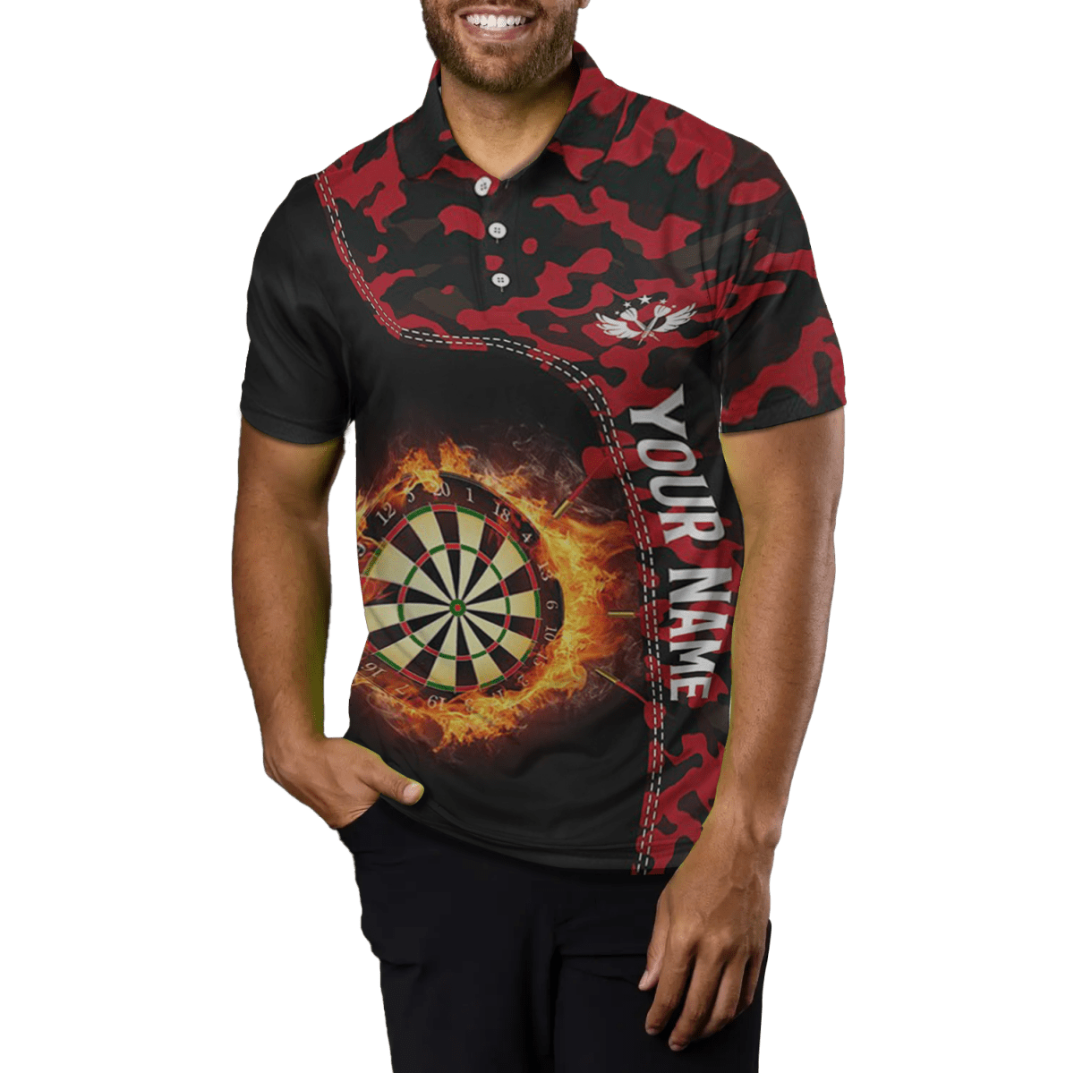 Herren Rot Camo Flame Darts Polo Shirt L1237 - Outfitsuche