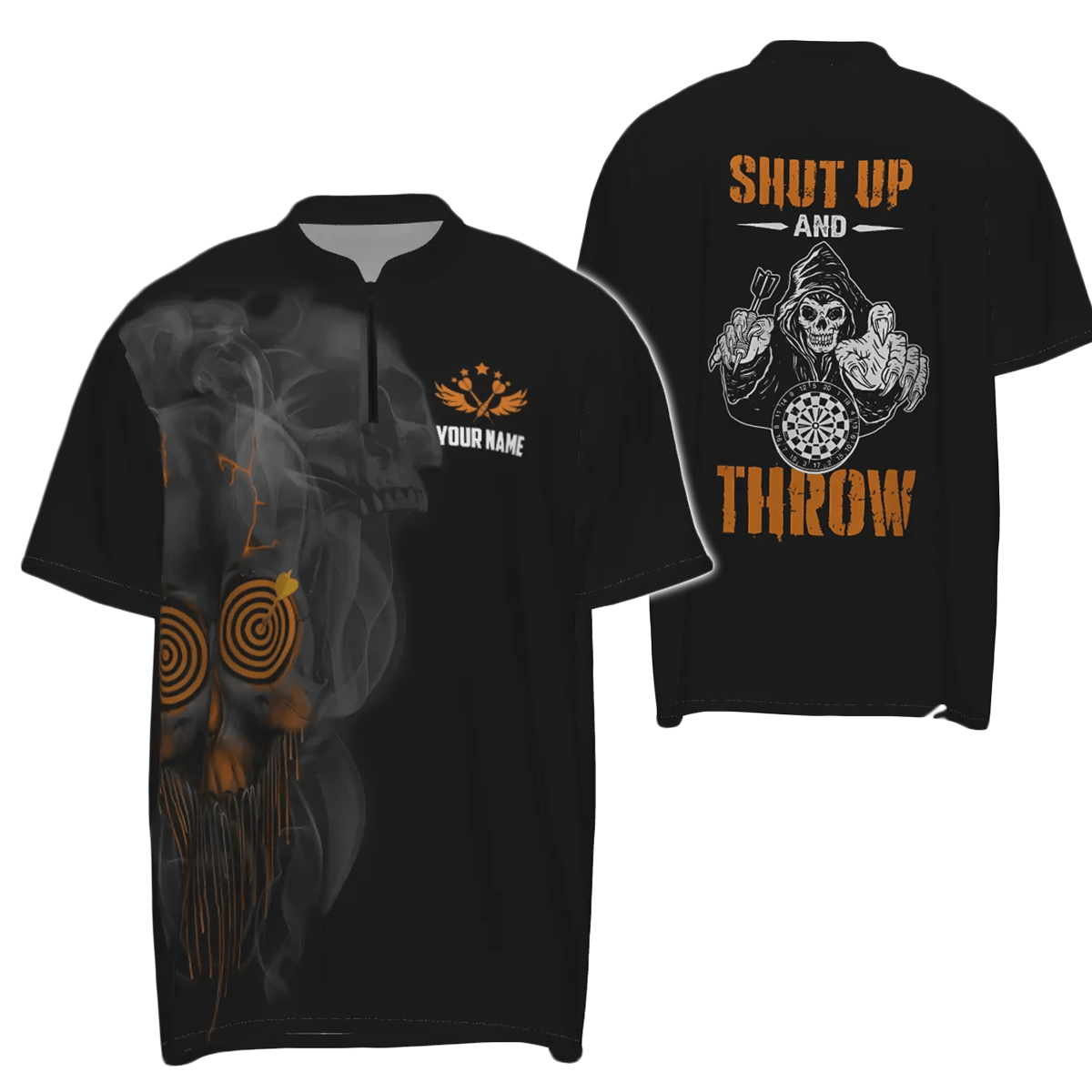 Herren Skull Darts 1/4 Zip Shirt Halloween Orange Dartshirt für Männer Dart Trikots Y415 - Outfitsuche