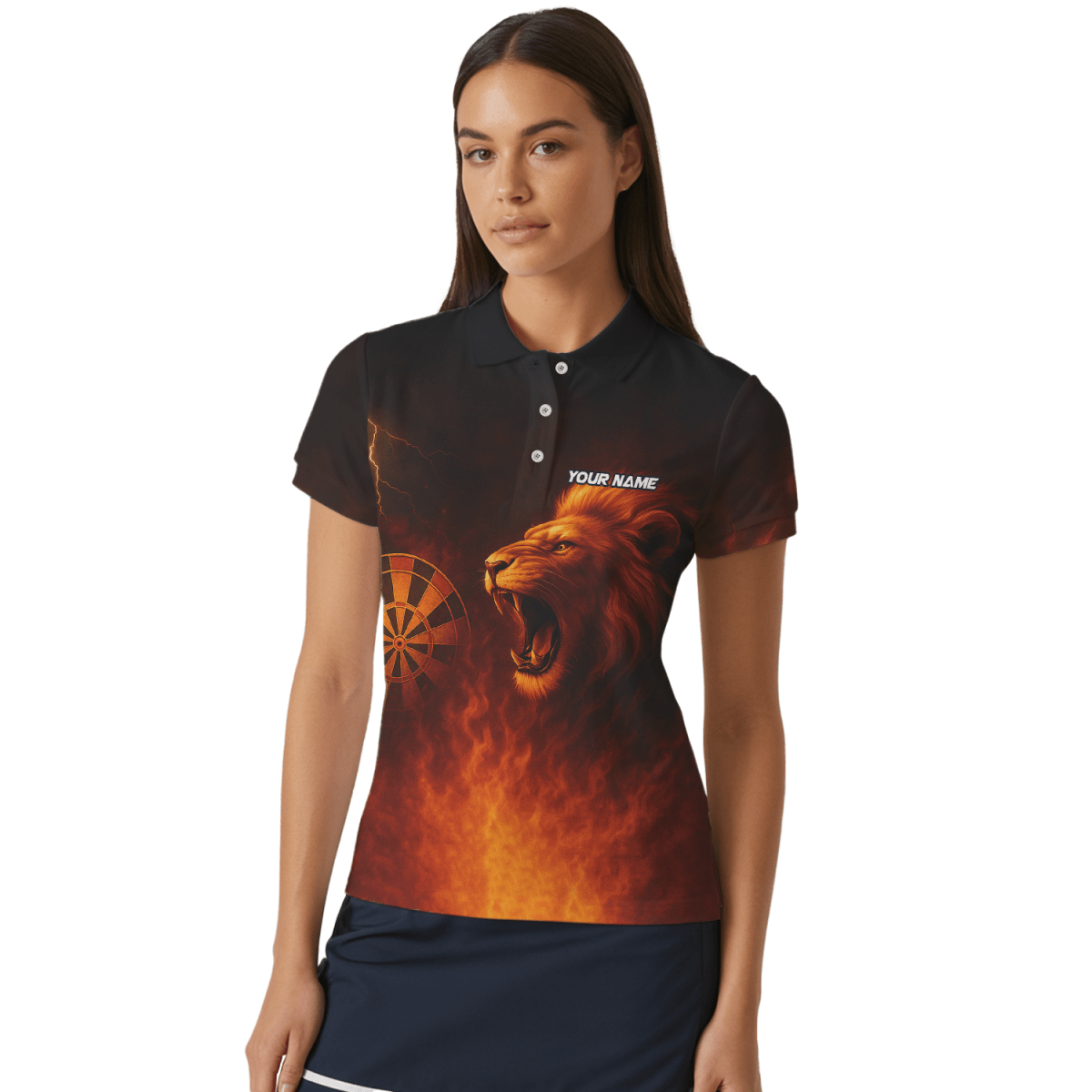Individuell Personalisiertes Poloshirt mit Brüllendem Löwen und Flammen Schwarz - Orange Für Damen T4859 - Outfitsuche