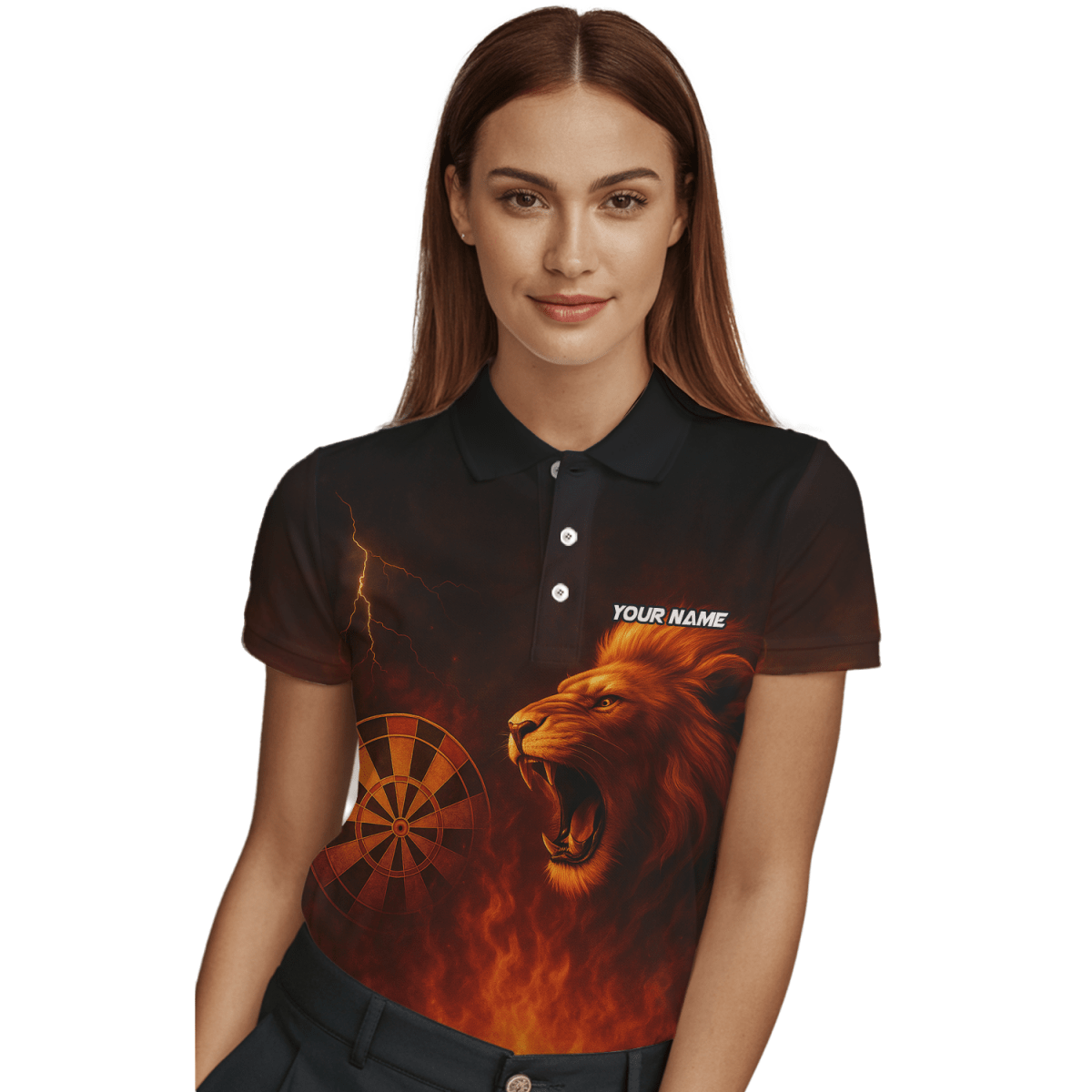 Individuell Personalisiertes Poloshirt mit Brüllendem Löwen und Flammen Schwarz - Orange Für Damen T4859 - Outfitsuche