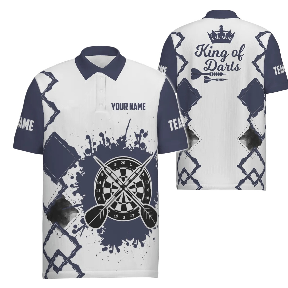 Individuelles cooles Darts-Polo-Shirt für Herren in Marineblau und Weiß, König der Darts, maßgeschneidertes Darts-Trikot O983 - Outfitsuche