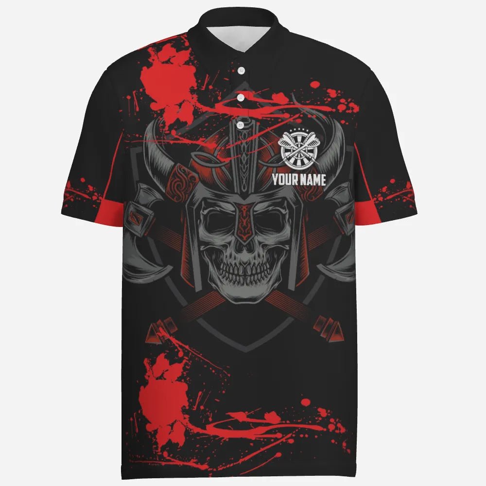 Individuelles rotes Herren Polo-Shirt mit Krieger-Schädel-Motiv für Darts, gruseliges Dart-Shirt für Männer, Dart-Trikots M816 - Outfitsuche