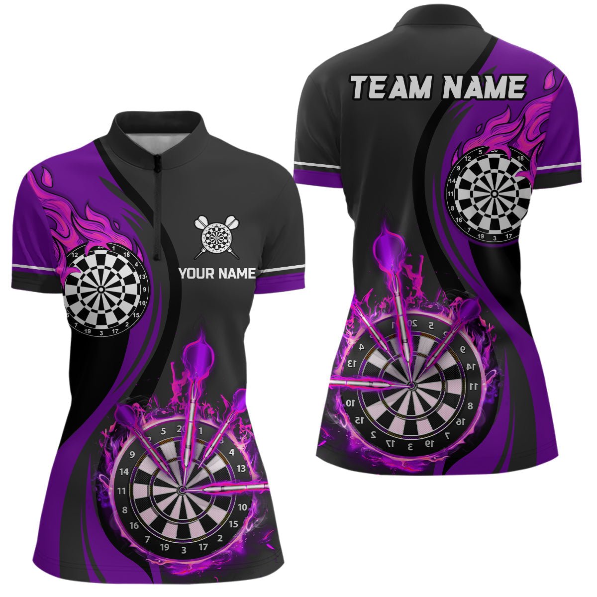 Lila Feuer Flamme Damen Darts Viertel-Zip-Shirt | Personalisierte Dartshirts für Frauen | Dart Trikots | L1477 - Outfitsuche