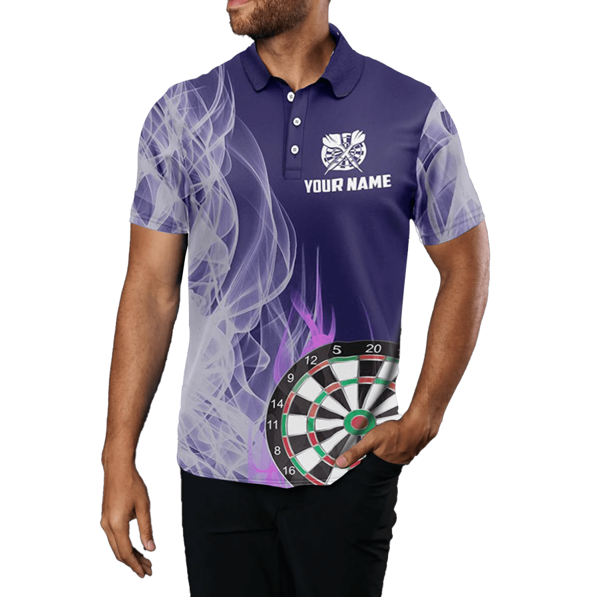 Lila Feuerflamme 3D Dartboard Herren Poloshirt - Individuelles Darts Team Trikot T1292 - Outfitsuche