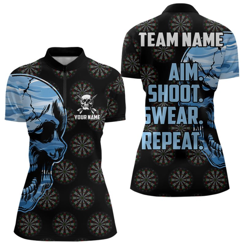 Lustiges Blaues Camouflage Dart Skull Zielen Schießen Fluchen Wiederholen Individuelles Dart Polo Shirt T3595 - Outfitsuche