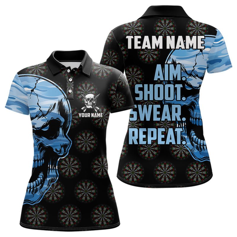 Lustiges Blaues Camouflage Dart Skull Zielen Schießen Fluchen Wiederholen Individuelles Dart Polo Shirt T3595 - Outfitsuche
