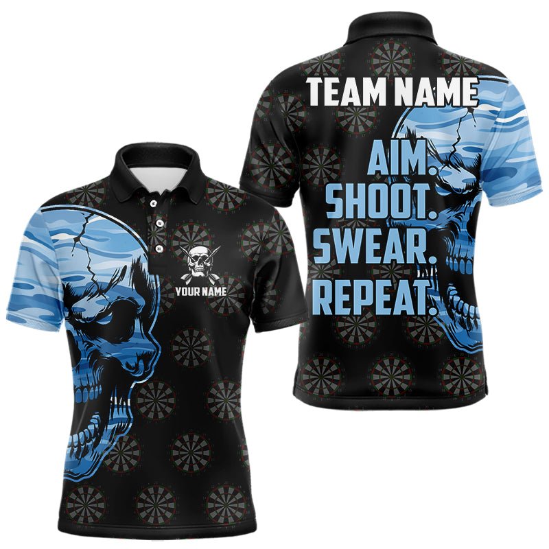 Lustiges Blaues Camouflage Dart Skull Zielen Schießen Fluchen Wiederholen Individuelles Dart Polo Shirt T3595 - Outfitsuche