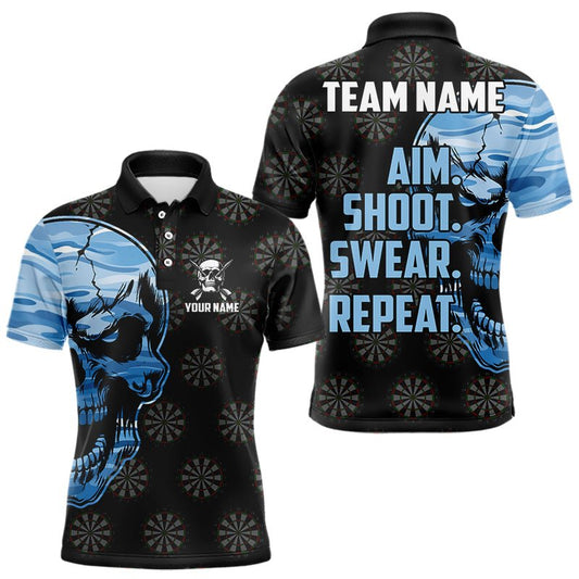 Lustiges Blaues Camouflage Dart Skull Zielen Schießen Fluchen Wiederholen Individuelles Dart Polo Shirt T3595 - Outfitsuche
