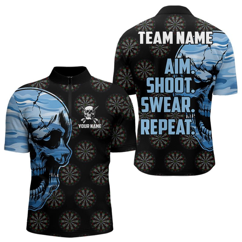 Lustiges Blaues Camouflage Dart Skull Zielen Schießen Fluchen Wiederholen Individuelles Dart Polo Shirt T3595 - Outfitsuche