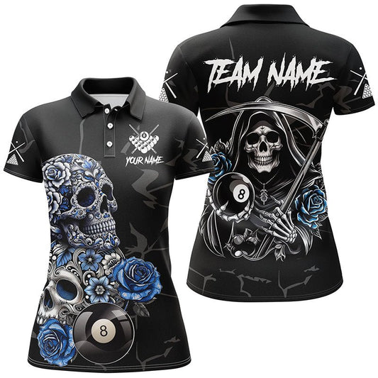 Lustiges Damen Trikot mit blauen Totenkopf - Rosen und 8 - Ball Billard - T2067 - Outfitsuche