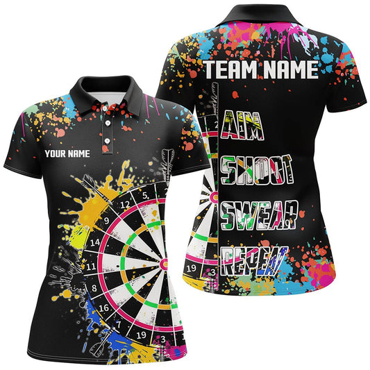 Lustiges Dartboard T-Shirt für Frauen – Buntes Design mit Ziel, Schießen, Fluchen, Wiederholen | Schwarz T2778 - Outfitsuche