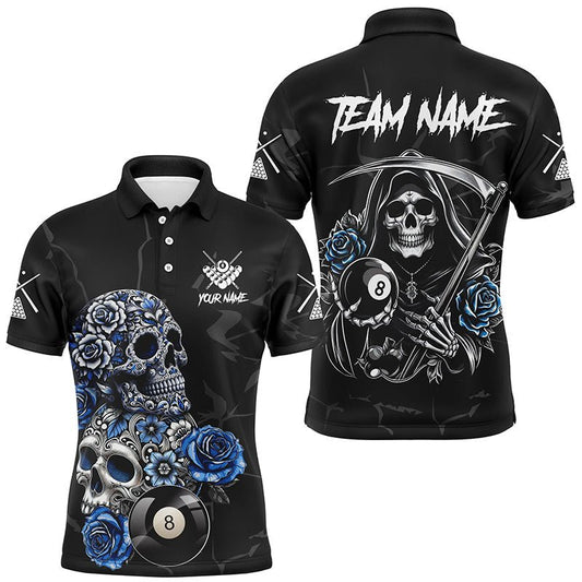 Lustiges Herren Trikot mit blauen Totenkopf und 8 - Ball für Billard T2067 - Outfitsuche