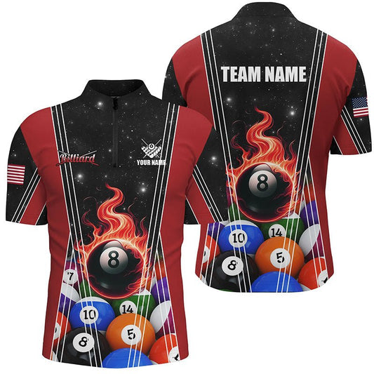 Männer's Rotes Feuerflammen Billard 8 - Ball Viertel - Reißverschluss Shirt T1312 - Outfitsuche