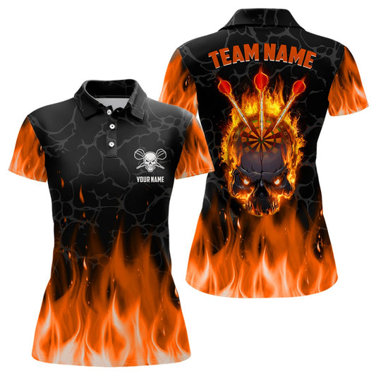 Orange Flame Skull Damen Darts Polo Shirt | Personalisiertes Gruseliges Darts Shirt für Frauen | Dart Trikots | L1421 - Outfitsuche