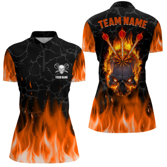 Orange Flame Skull Darts Viertelreißverschluss-Shirt | Personalisiertes Gruseliges Darts-Shirt für Damen | Dart Trikots L1421 - Outfitsuche