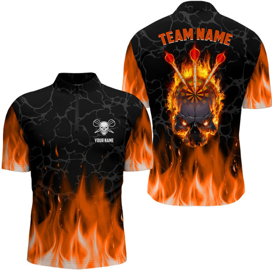 Orange Flame Skull Darts Viertelreißverschluss-Shirt | Personalisiertes Gruseliges Darts-Shirt für Herren | Dart Trikots L1421 - Outfitsuche