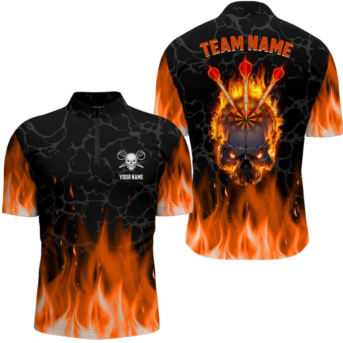 Orange Flame Skull Herren Darts Polo Shirt | Personalisiertes Gruseliges Darts Shirt für Männer | Dart Trikot L1421 - Outfitsuche