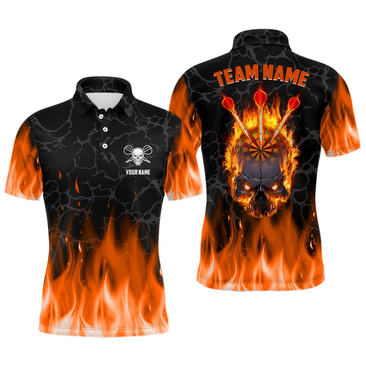 Orange Flame Skull Herren Darts Polo Shirt | Personalisiertes Gruseliges Darts Shirt für Männer | Dart Trikot L1421 - Outfitsuche